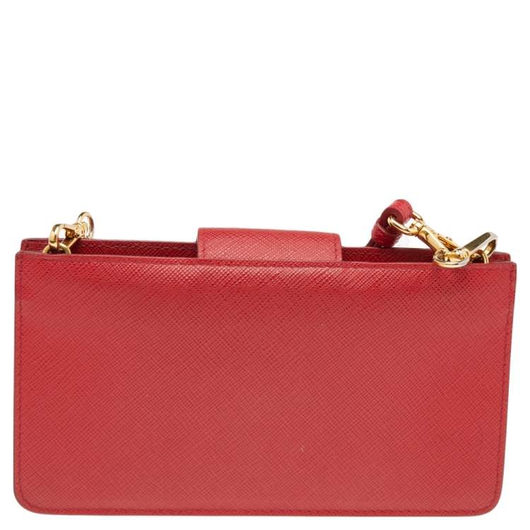 Pre Owned Prada Red Saffiano Leather Wallet on Chain