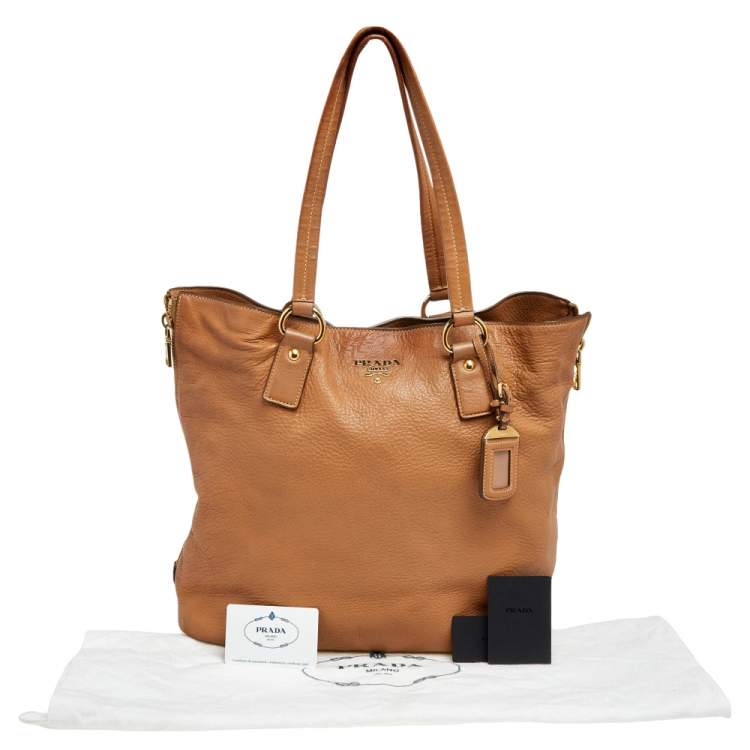 Pre Owned Prada Tan Cervo Leather Side Zip Shopper Tote