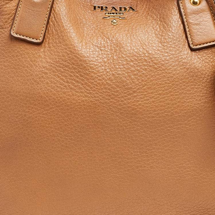Pre Owned Prada Tan Cervo Leather Side Zip Shopper Tote
