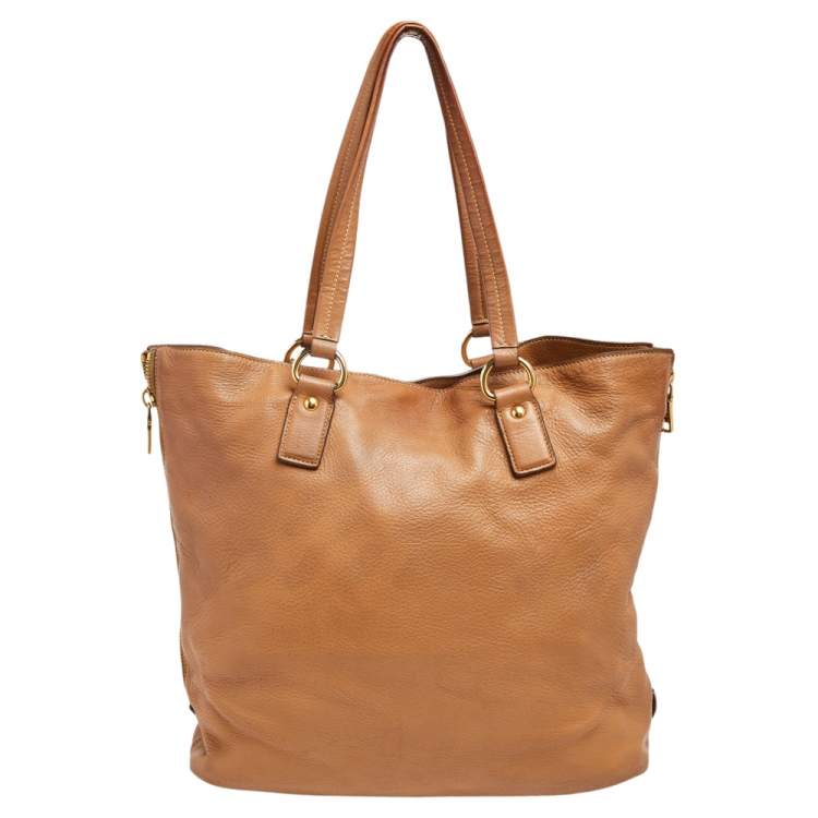 Pre Owned Prada Tan Cervo Leather Side Zip Shopper Tote