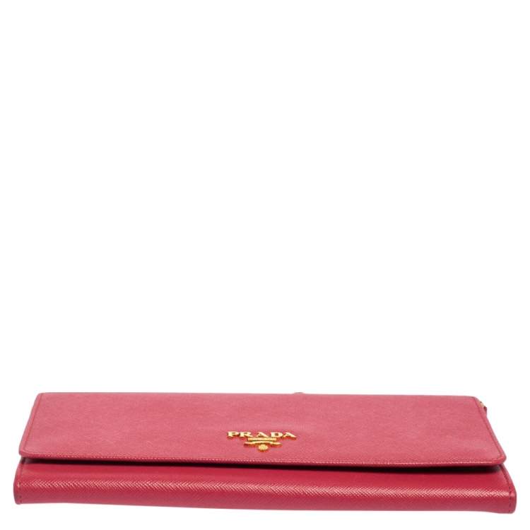 Pre Owned Prada Pink Saffiano Leather Logo Flap Wallet on Chain