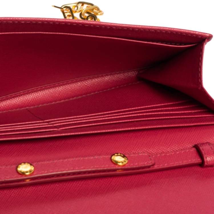 Pre Owned Prada Pink Saffiano Leather Logo Flap Wallet on Chain
