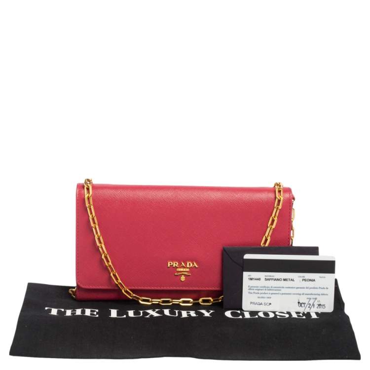 Pre Owned Prada Pink Saffiano Leather Logo Flap Wallet on Chain