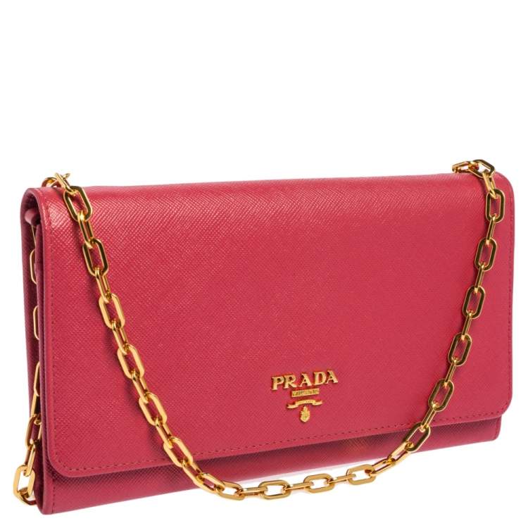 Pre Owned Prada Pink Saffiano Leather Logo Flap Wallet on Chain