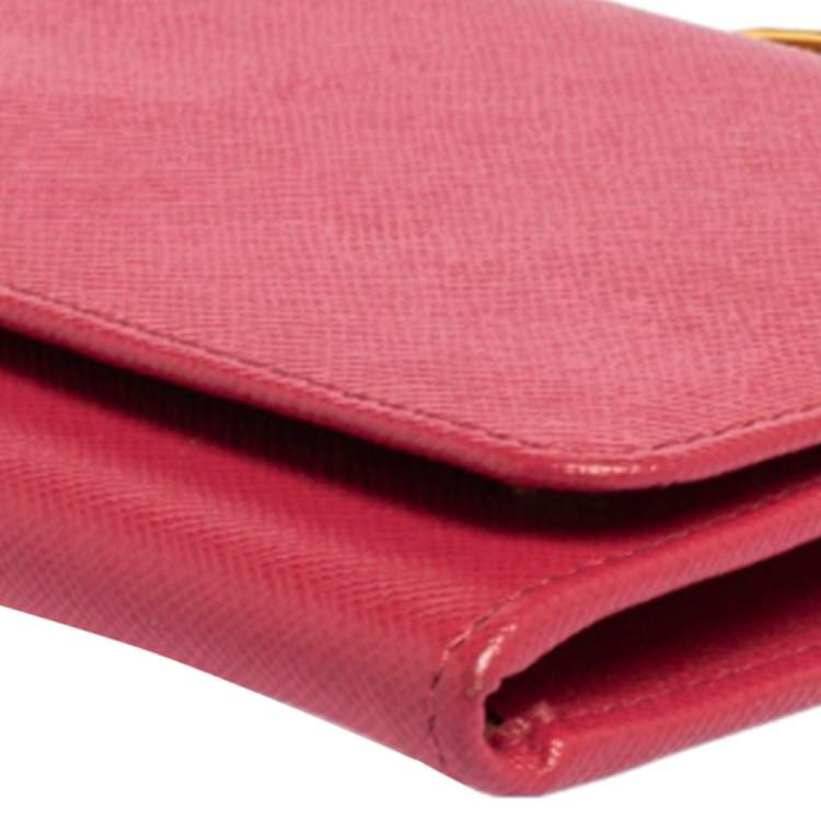 Pre Owned Prada Pink Saffiano Leather Logo Flap Wallet on Chain