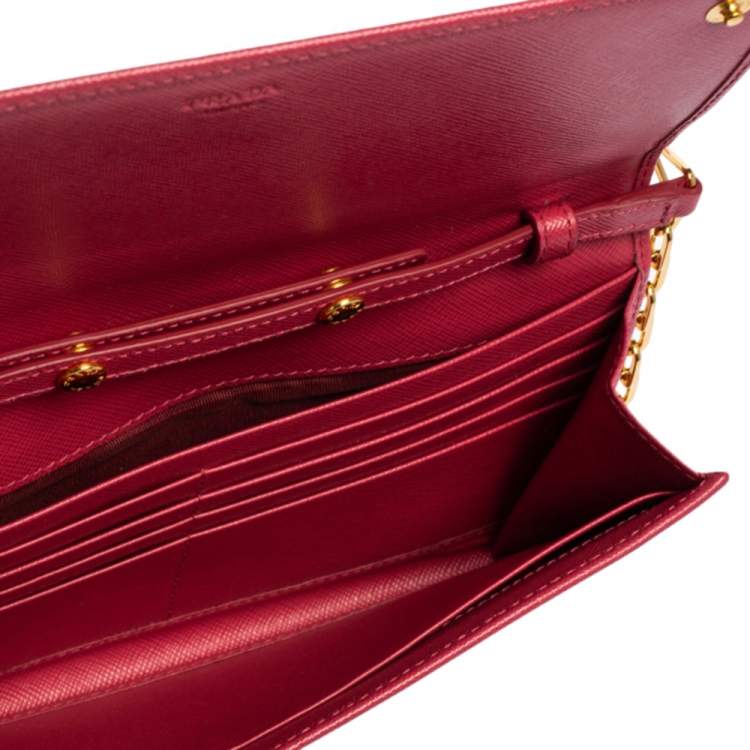 Pre Owned Prada Pink Saffiano Leather Logo Flap Wallet on Chain