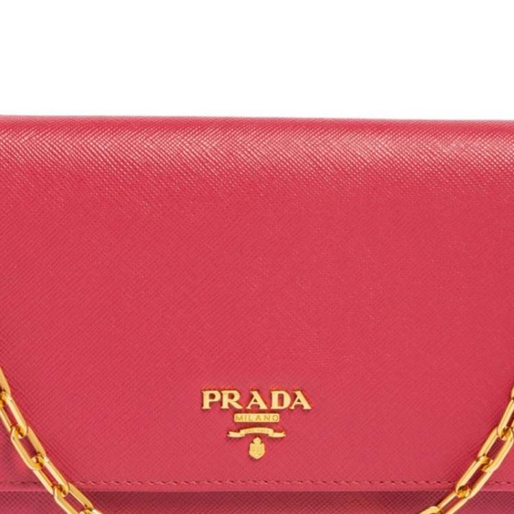 Pre Owned Prada Pink Saffiano Leather Logo Flap Wallet on Chain