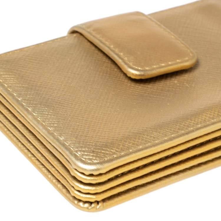 Pre Owned Prada Metallic Gold Saffiano Lux Leather Gusset Card Holder