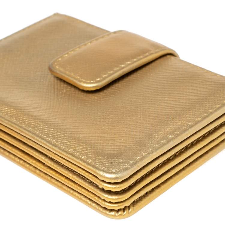 Pre Owned Prada Metallic Gold Saffiano Lux Leather Gusset Card Holder