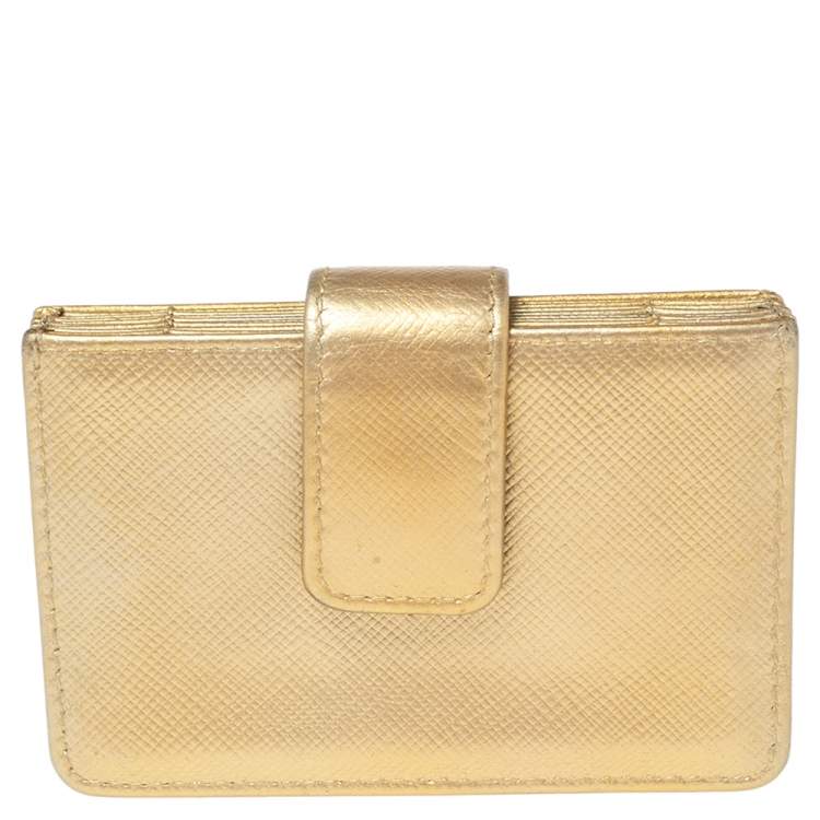 Pre Owned Prada Metallic Gold Saffiano Lux Leather Gusset Card Holder