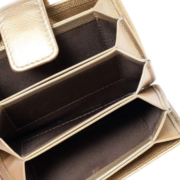 Pre Owned Prada Metallic Gold Saffiano Lux Leather Gusset Card Holder