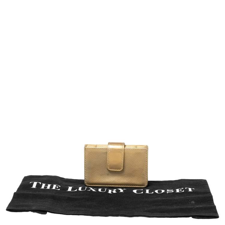 Pre Owned Prada Metallic Gold Saffiano Lux Leather Gusset Card Holder