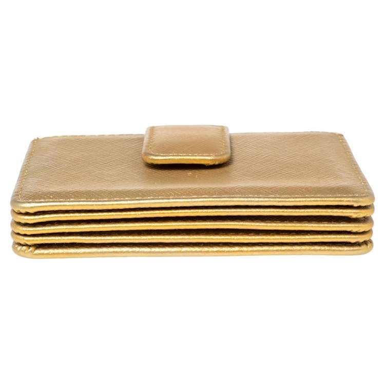 Pre Owned Prada Metallic Gold Saffiano Lux Leather Gusset Card Holder