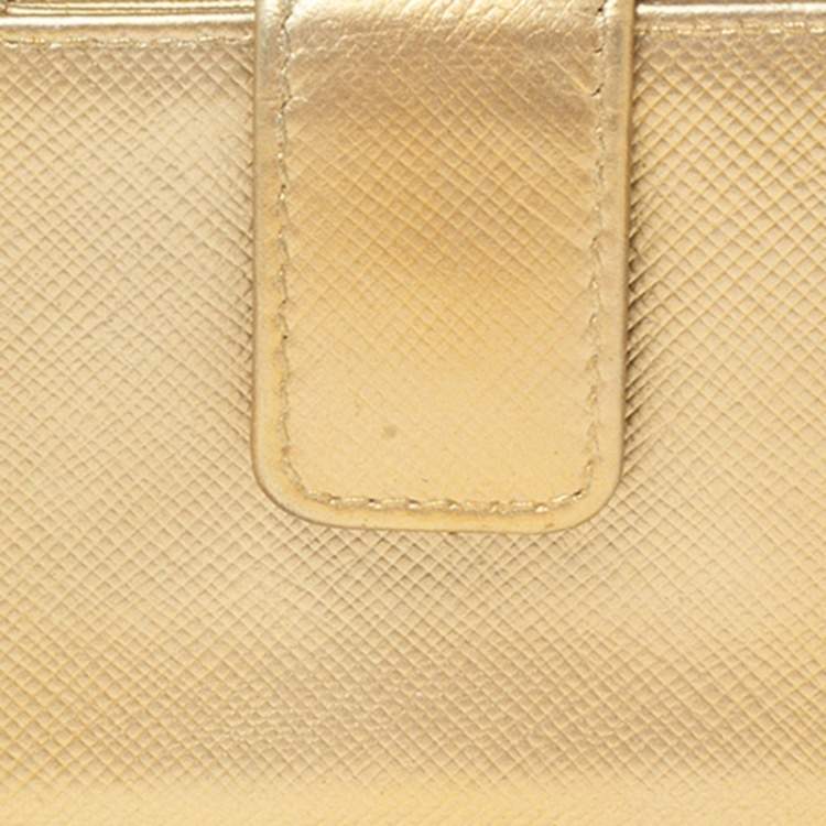 Pre Owned Prada Metallic Gold Saffiano Lux Leather Gusset Card Holder