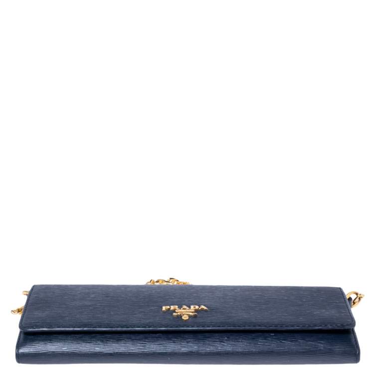 Pre Owned Prada Navy Blue Vitello Move Leather Wallet on Chain