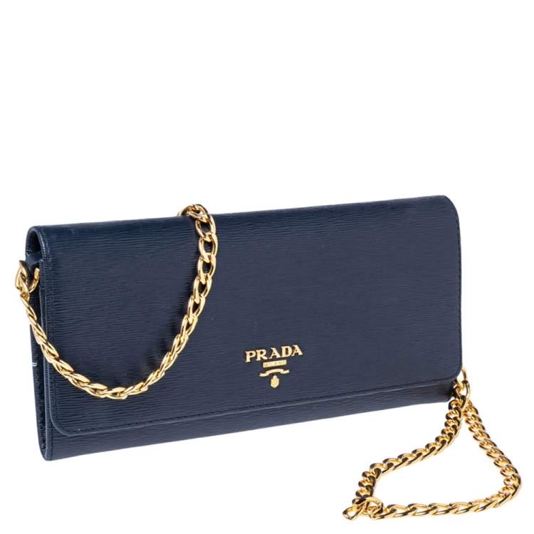 Pre Owned Prada Navy Blue Vitello Move Leather Wallet on Chain