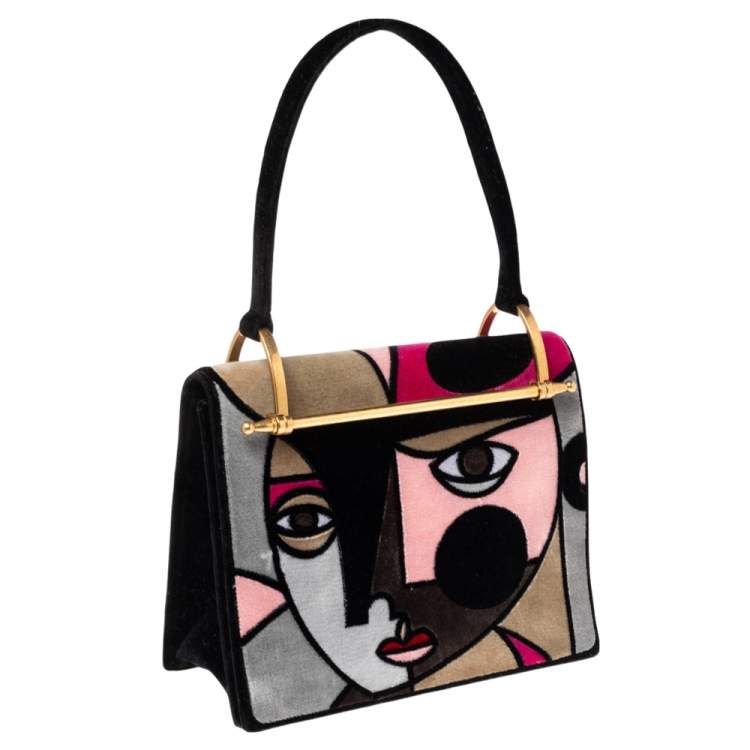 Pre Owned Prada Multicolor Velvet Patchwork Lisolette Watkins Face Print Top Handle Bag 