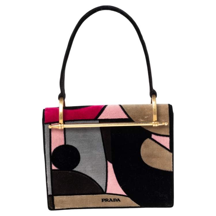 Pre Owned Prada Multicolor Velvet Patchwork Lisolette Watkins Face Print Top Handle Bag 