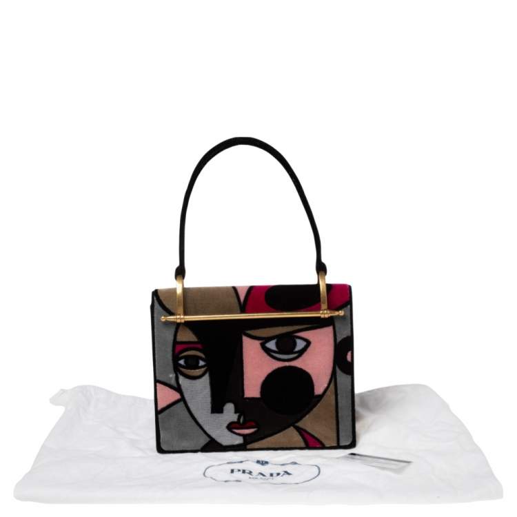Pre Owned Prada Multicolor Velvet Patchwork Lisolette Watkins Face Print Top Handle Bag 