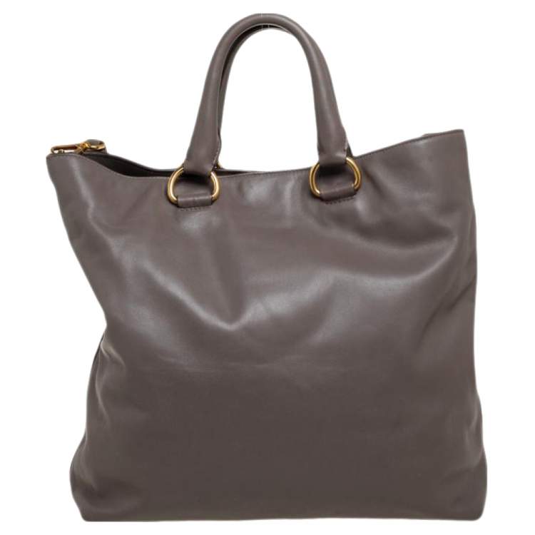 Pre Owned Prada Taupe Leather Shopper Tote
