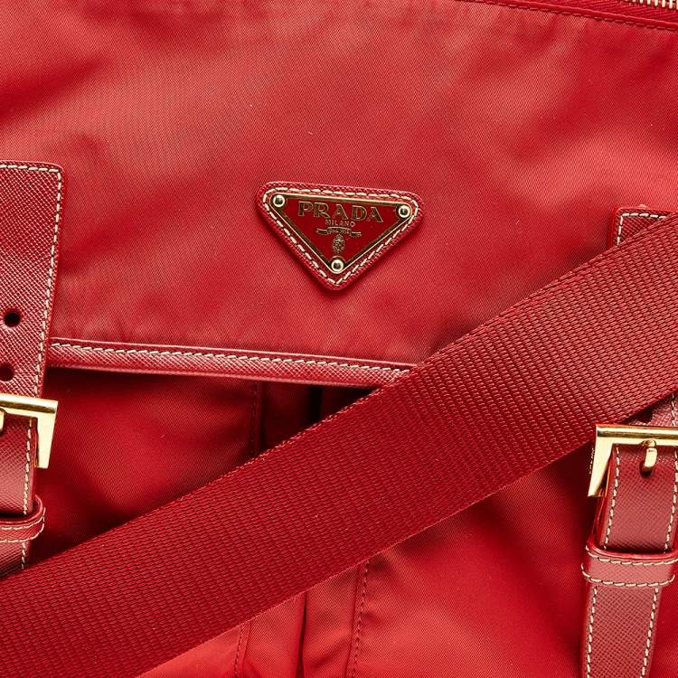 Pre Owned Prada Red Nylon Pocket Flap Messenger Bag