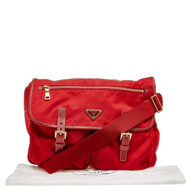 Pre Owned Prada Red Nylon Pocket Flap Messenger Bag