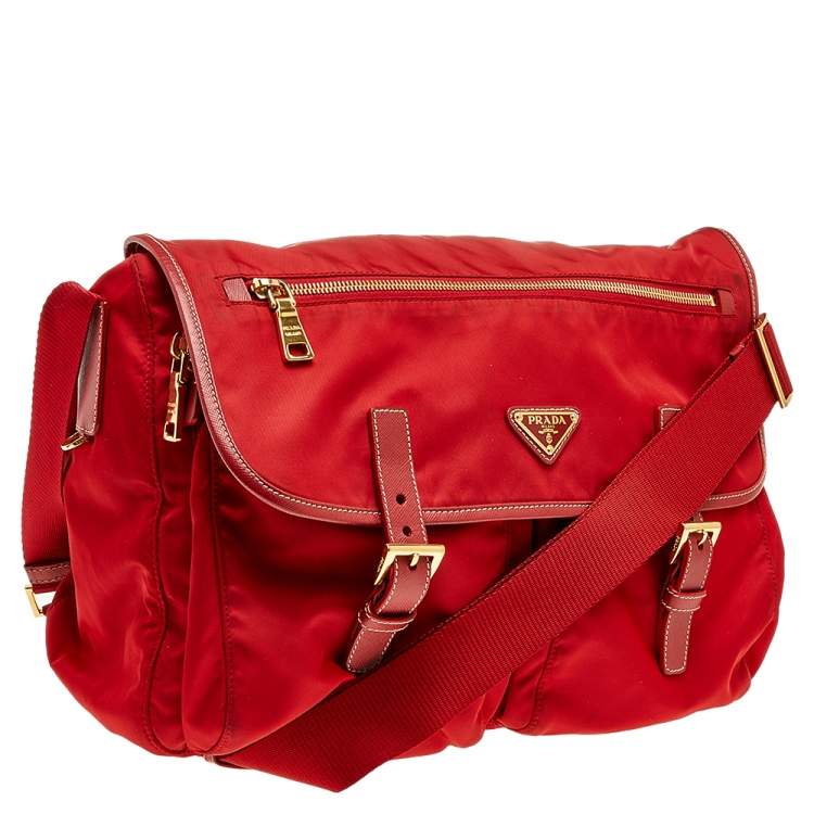 Pre Owned Prada Red Nylon Pocket Flap Messenger Bag