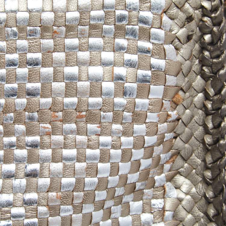 Pre Owned Prada Two Tone Metallic Woven Madras Leather Flap Top Handle Bag