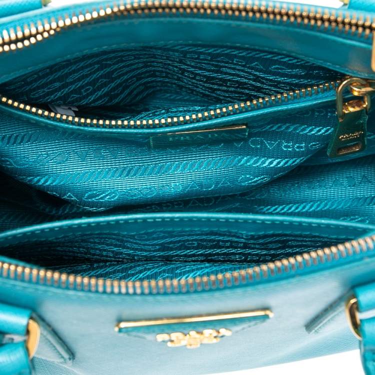 Pre Owned Prada Turquoise Saffiano Lux Leather Small Galleria Double Zip Tote