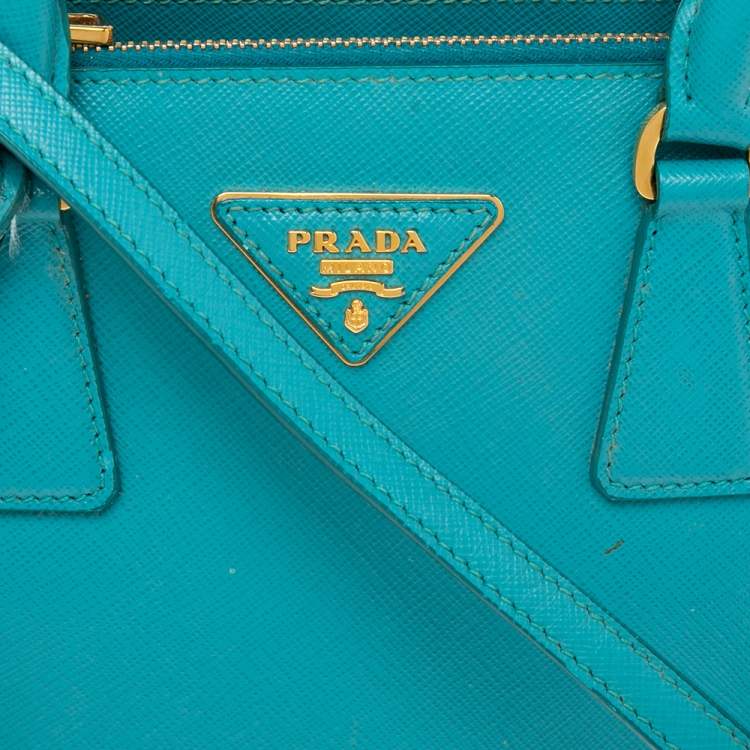 Pre Owned Prada Turquoise Saffiano Lux Leather Small Galleria Double Zip Tote