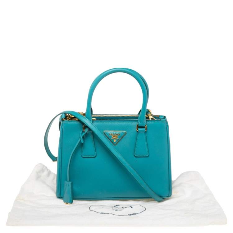 Pre Owned Prada Turquoise Saffiano Lux Leather Small Galleria Double Zip Tote