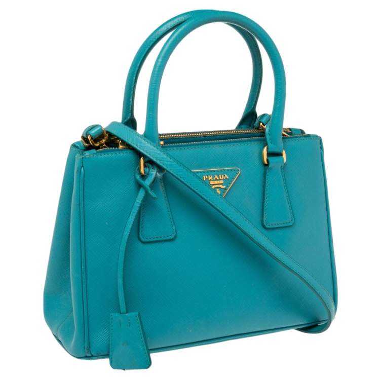 Pre Owned Prada Turquoise Saffiano Lux Leather Small Galleria Double Zip Tote