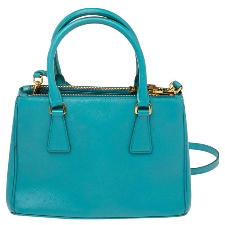 Pre Owned Prada Turquoise Saffiano Lux Leather Small Galleria Double Zip Tote