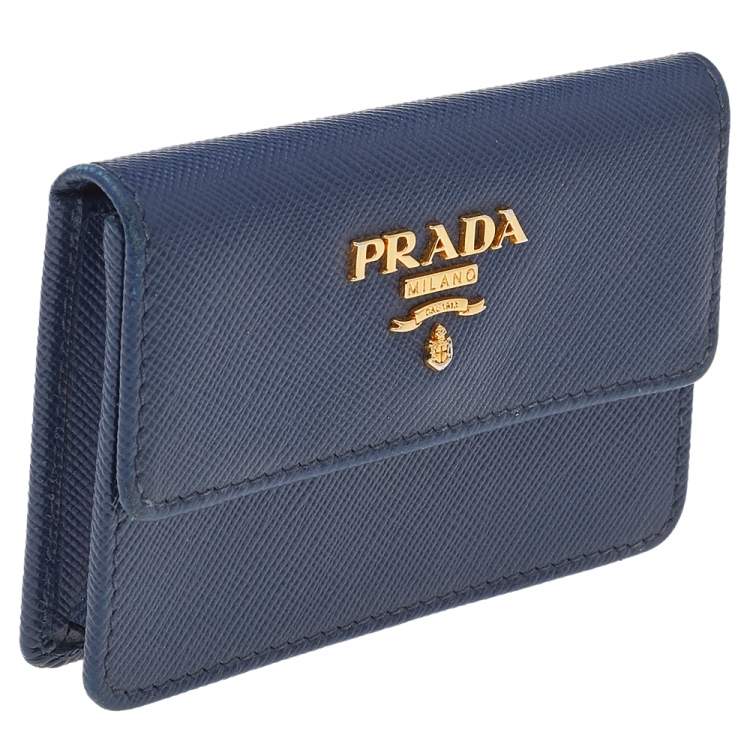 Pre Owned Prada Blue Saffiano Lux Leather Flap Card Holder
