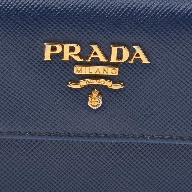 Pre Owned Prada Blue Saffiano Lux Leather Flap Card Holder