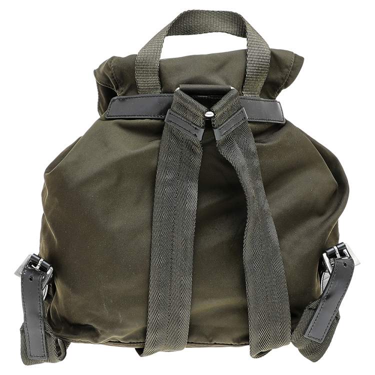 Pre Owned Prada Olive Green Nylon And Leather Small Backpack