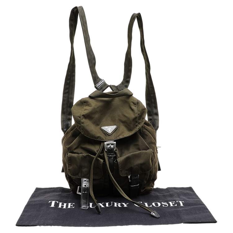 Pre Owned Prada Olive Green Nylon And Leather Small Backpack