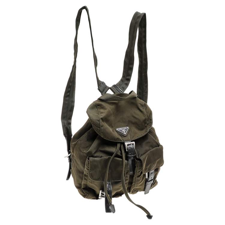 Pre Owned Prada Olive Green Nylon And Leather Small Backpack