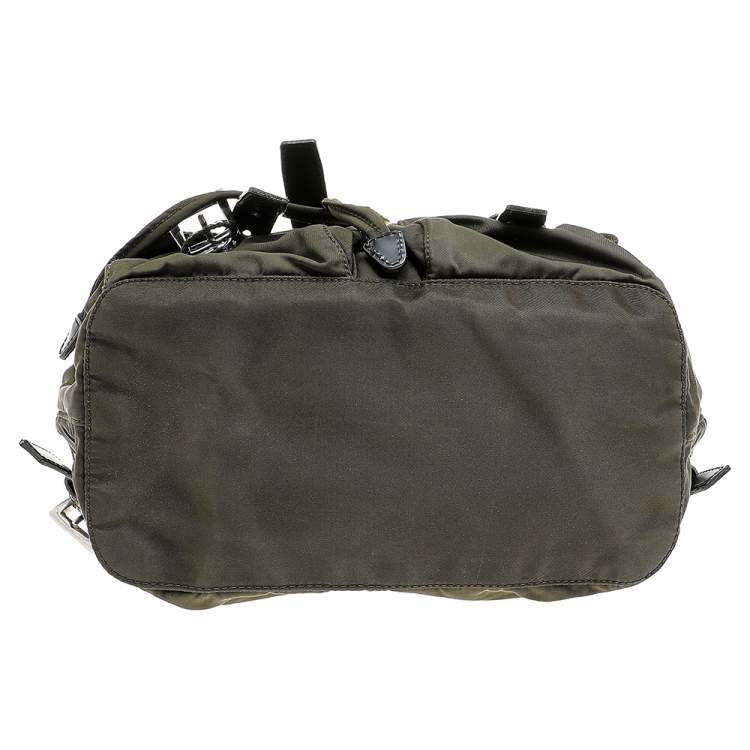 Pre Owned Prada Olive Green Nylon And Leather Small Backpack