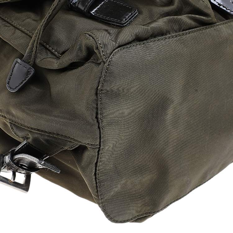 Pre Owned Prada Olive Green Nylon And Leather Small Backpack