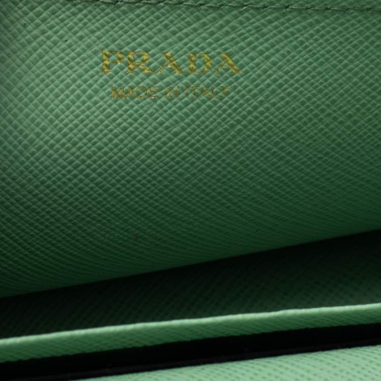 Pre Owned Prada Pista Green Saffiano Metal Mini Bandoliera Wallet On Chain