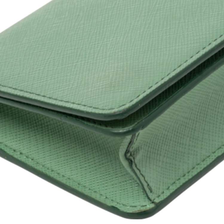 Pre Owned Prada Pista Green Saffiano Metal Mini Bandoliera Wallet On Chain