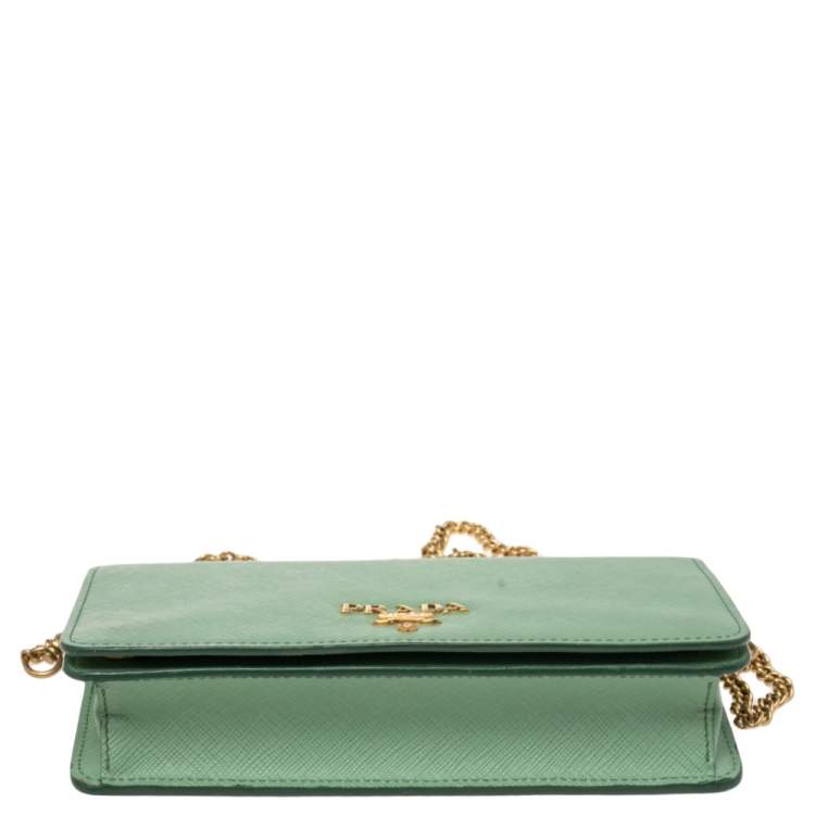 Pre Owned Prada Pista Green Saffiano Metal Mini Bandoliera Wallet On Chain