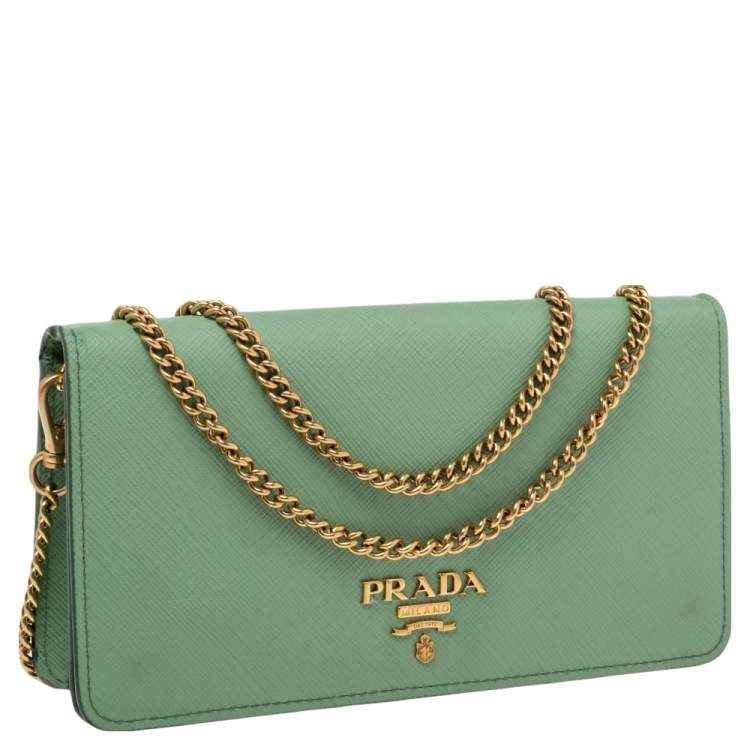 Pre Owned Prada Pista Green Saffiano Metal Mini Bandoliera Wallet On Chain