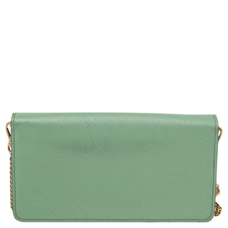Pre Owned Prada Pista Green Saffiano Metal Mini Bandoliera Wallet On Chain