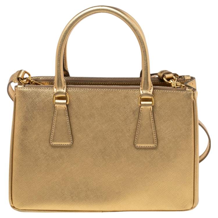 Pre Owned Prada Metallic Gold Saffiano Lux Leather Small Galleria Double Zip Tote