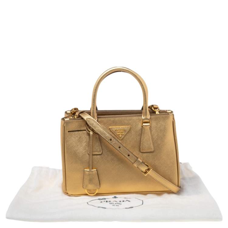 Pre Owned Prada Metallic Gold Saffiano Lux Leather Small Galleria Double Zip Tote