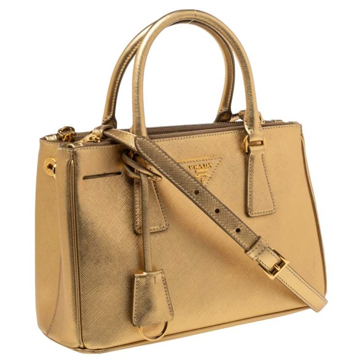 Pre Owned Prada Metallic Gold Saffiano Lux Leather Small Galleria Double Zip Tote