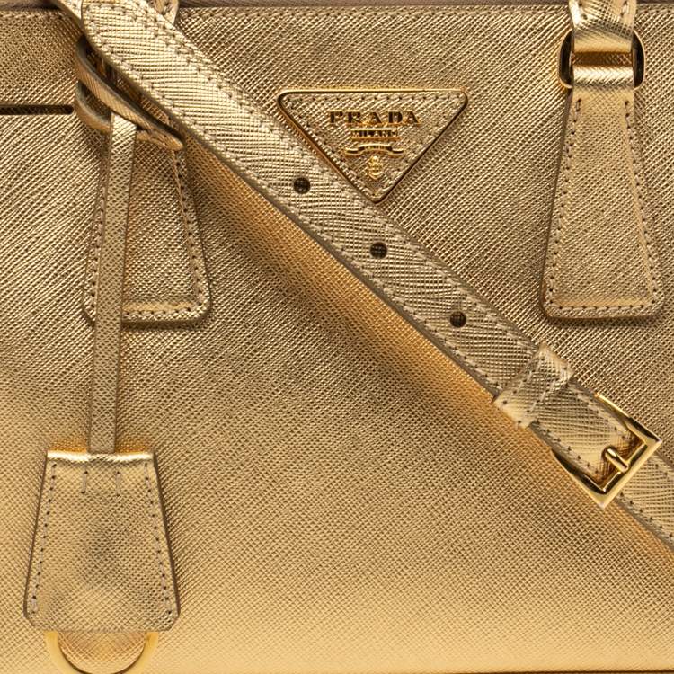 Pre Owned Prada Metallic Gold Saffiano Lux Leather Small Galleria Double Zip Tote