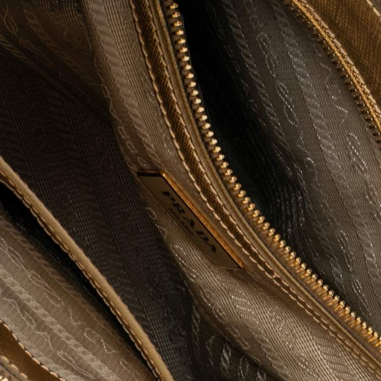 Pre Owned Prada Metallic Gold Saffiano Lux Leather Small Galleria Double Zip Tote